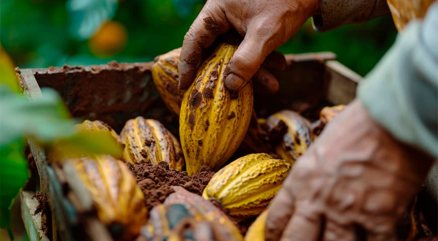 Manos de campesino cogiendo cacao.